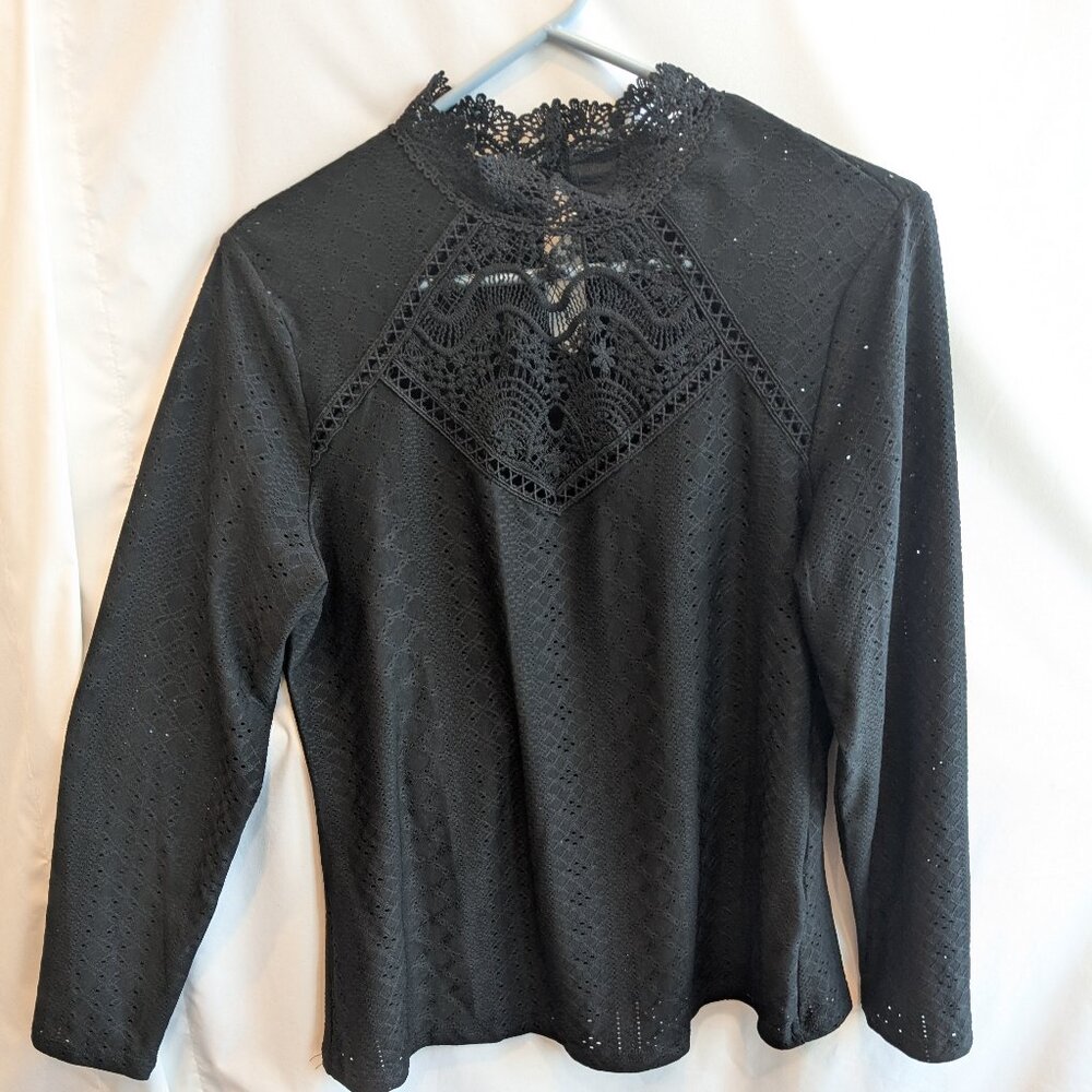 Beautiful Black Crochet Lace Long Sleeve Top L